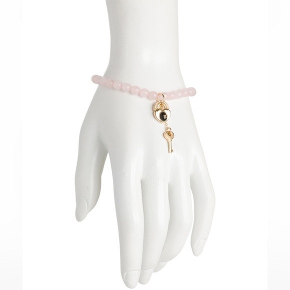 Coach Heart Key Bead Stretch Bracelet Light Pink Gold tone - Picture 2 of 2